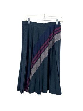 VTG PERSONAL MIDI PLEATED SKIRT W/ GRAY BLUE PURPLE DIAGONAL STRIPES USA MADE 14